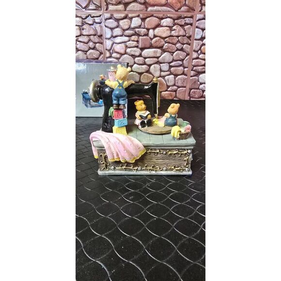 Bears Sewing Machine Music Box Sankyo Animated Turntable Resin - Picture 3 of 7